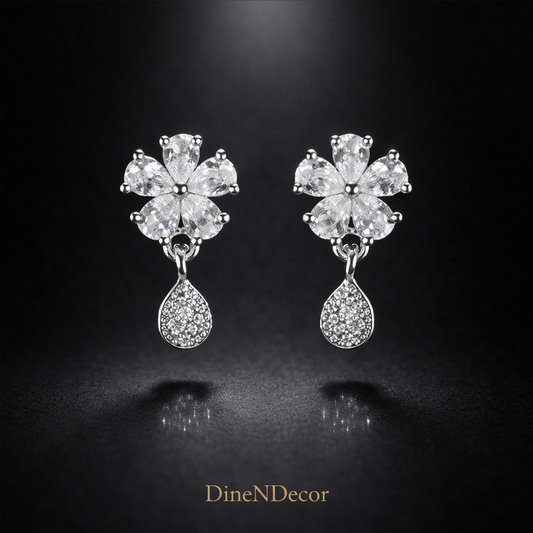 Floral Cubic Zirconia Drop Earrings – Elegant Silver-Tone Party Wear Earrings
