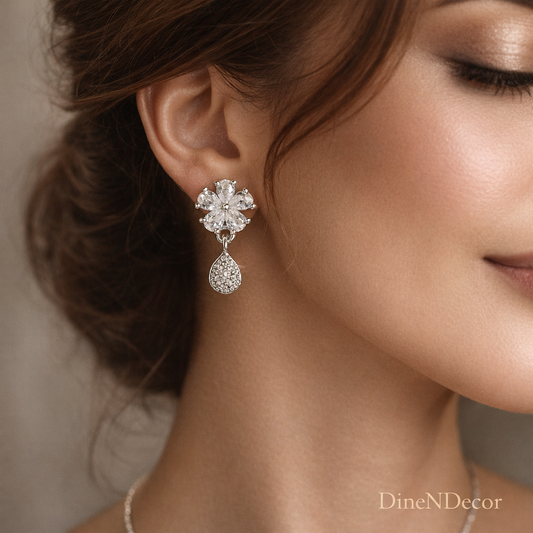 Floral Cubic Zirconia Drop Earrings – Elegant Silver-Tone Party Wear Earrings